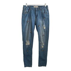 Zara Jeans 1975 Womens 00 Gems Rhinestone Distressed Ripped